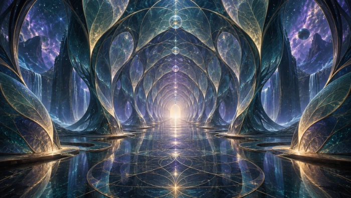 Visionäre Darstellung eines kristallinen Gewölbes mit geometrischen Mustern und Lichtpunkten