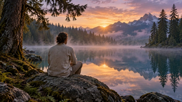 Person sitzt bei Sonnenaufgang am Ufer eines nebligen Bergsees und blickt auf das Wasser
