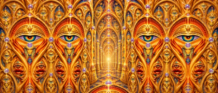 Visionäre Kunst in Gold und Rot: symmetrisch angeordnete Augen säumen einen Gang aus Bögen, an dessen Ende ein helles Licht steht
