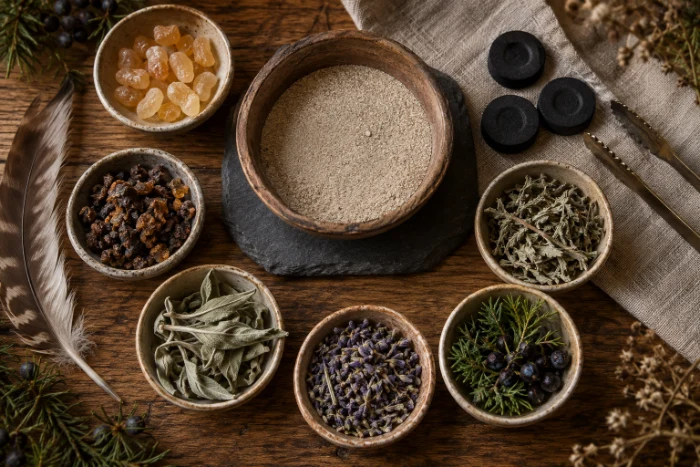 Schale mit Sand, Räucherkohle, Zange und Feder, darum herum Schälchen mit Weihrauch, Myrrhe, Salbei, Lavendel und Wacholderbeeren