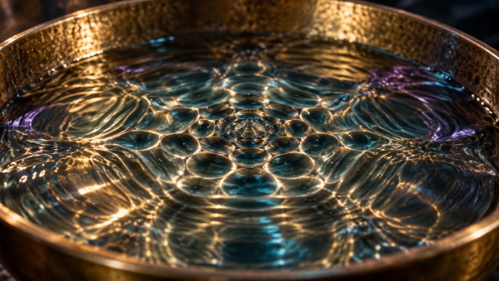 Nahaufnahme der Wasseroberfläche in einer Klangschale mit wabenförmigem Wellenmuster