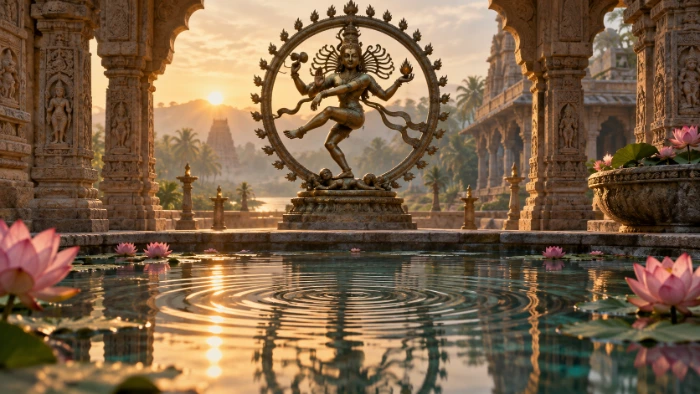 Tanzender Shiva Nataraja im Ring aus Flammen vor einem Tempelteich, in dem sich konzentrische Wellen ausbreiten